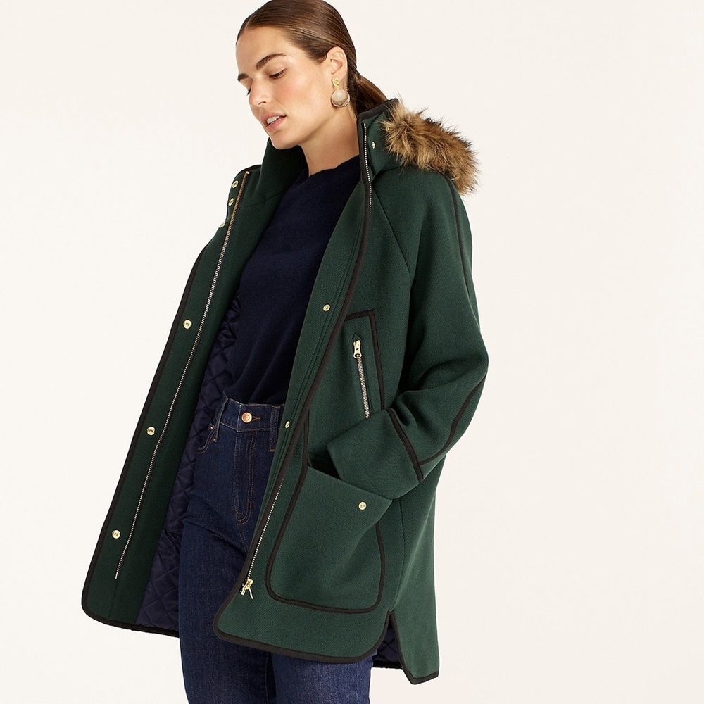 NWT J. Crew Italian Stadium Cloth Wool Summit Parka, Forest Green, BA541, Size 4